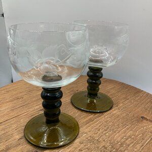 German Roemer Vintage Leaves Grapes Etched Glass Green Stem Goblets Wine Glasses
